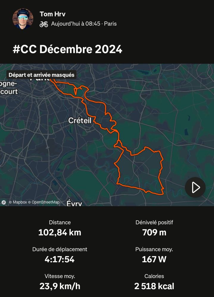 Capture d'écran Strava de notre parcours dans le Sud-Est Parisien