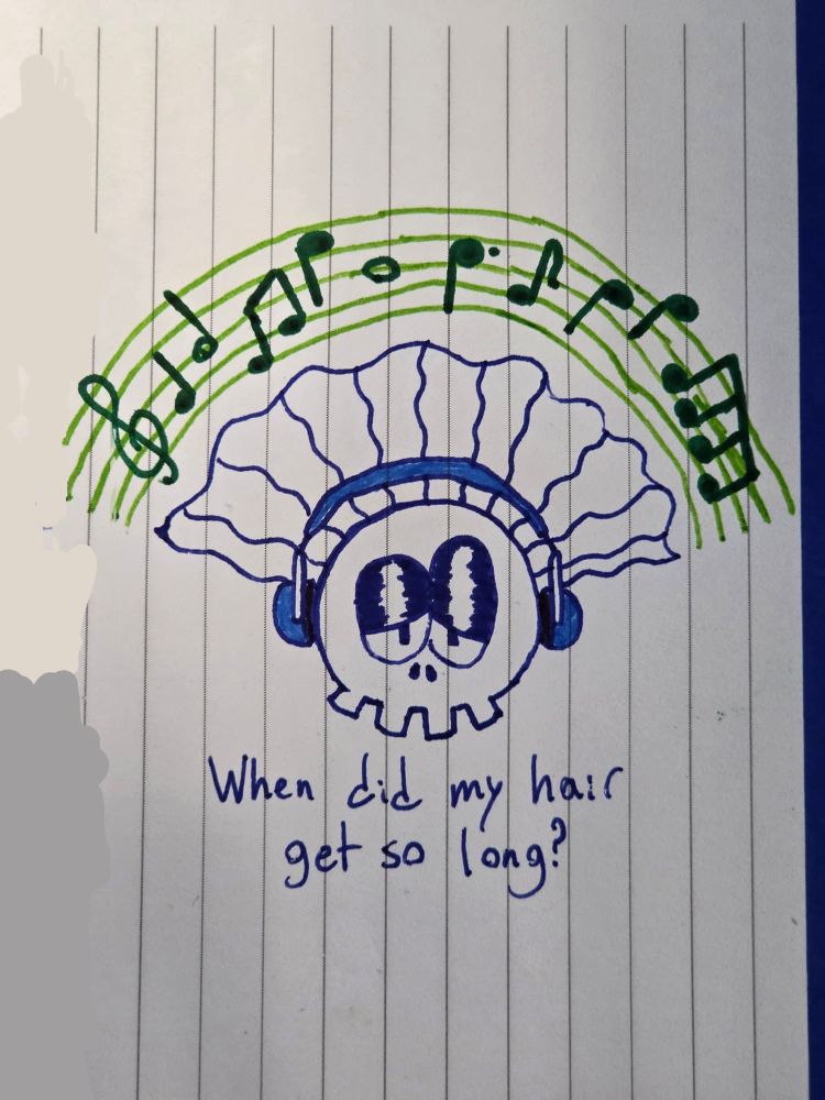 A cartoon skull without the lower jaw, looking forward with big half closed eyes. It's wearing headphones and has long hair sprawled out behind it like it was laying on its back. A music staff with notes is above the skull, curved to match the curve of the skull. Below the skull is the caption "When did my hair get so long?"