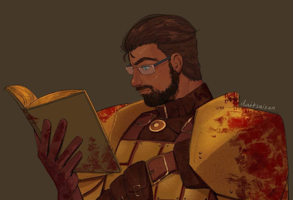 A drawing of my Skyrim character, Martin, reading a book. He's an imperial with short, dark brown hair and a beard, wearing brass colored armor that's stained with blood and glasses.