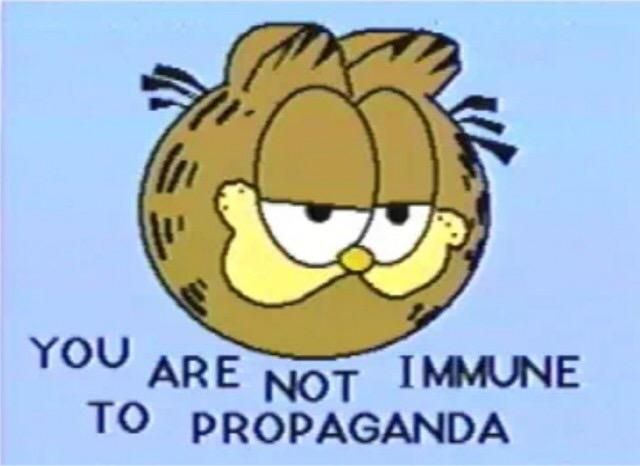 A picture of Garfield's head with the caption "you are not immune to propaganda"