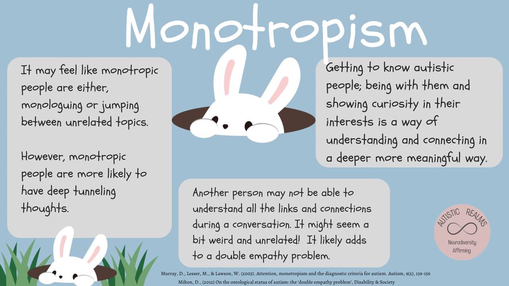 Alt text: 
Image: rabbit popping out of rabbit hole.
Title: Monotropism 
Text: It may feel like mono-tropic  people are either, monologuing or jumping between unrelated topics. 

However, monotropic people are more likely to have deep tunneling thoughts. 

Another person may not be able to understand all the links and connections during a conversation. It might seem a bit weird and unrelated!  It likely adds to a double empathy problem. 

Getting to know autistic people; being with them and showing curiosity in their interests is a way of understanding and connecting in a deeper more meaningful way.