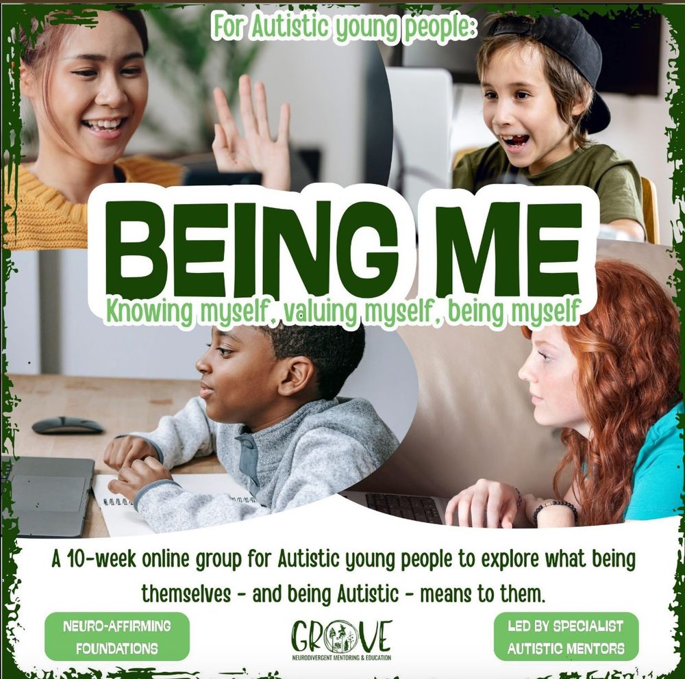 Image of young people online. Text reads: BEING ME Knowing myself, valuing myself, being myself

A 10-week online group for Autistic young people to explore what being themselves - and being Autistic - means to them.