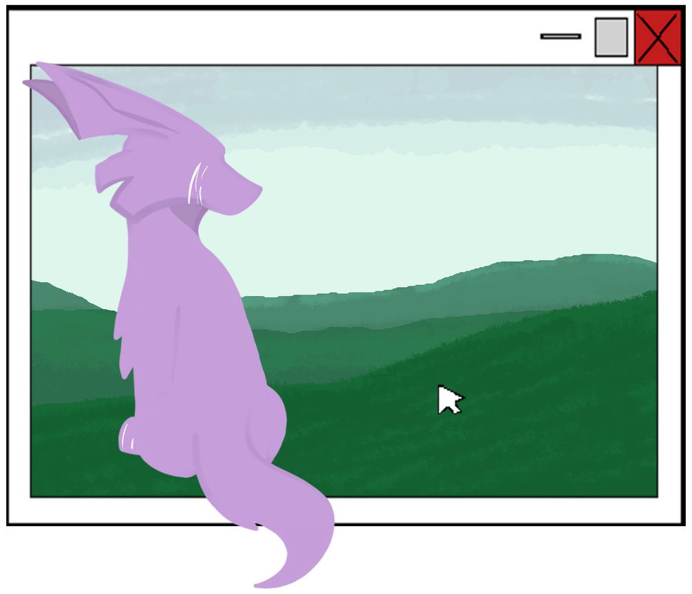 A drawing of Airbrush, a purple semi-lineless fox creature with no visible facial features, sits on a pixelated drawing of rolling fields inside of an opened window on a computer. It appears largely without expression, however a few tears fall from where it’s eye would be.