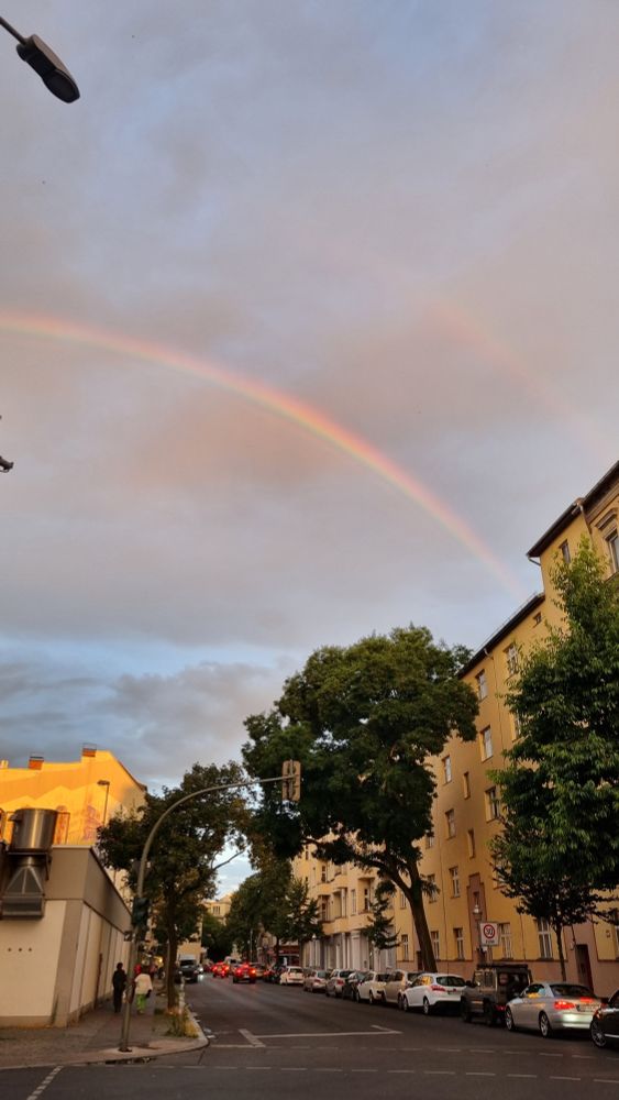 doppelregenbogen über wohnhäusern und baumwipfeln am graublauen himmel