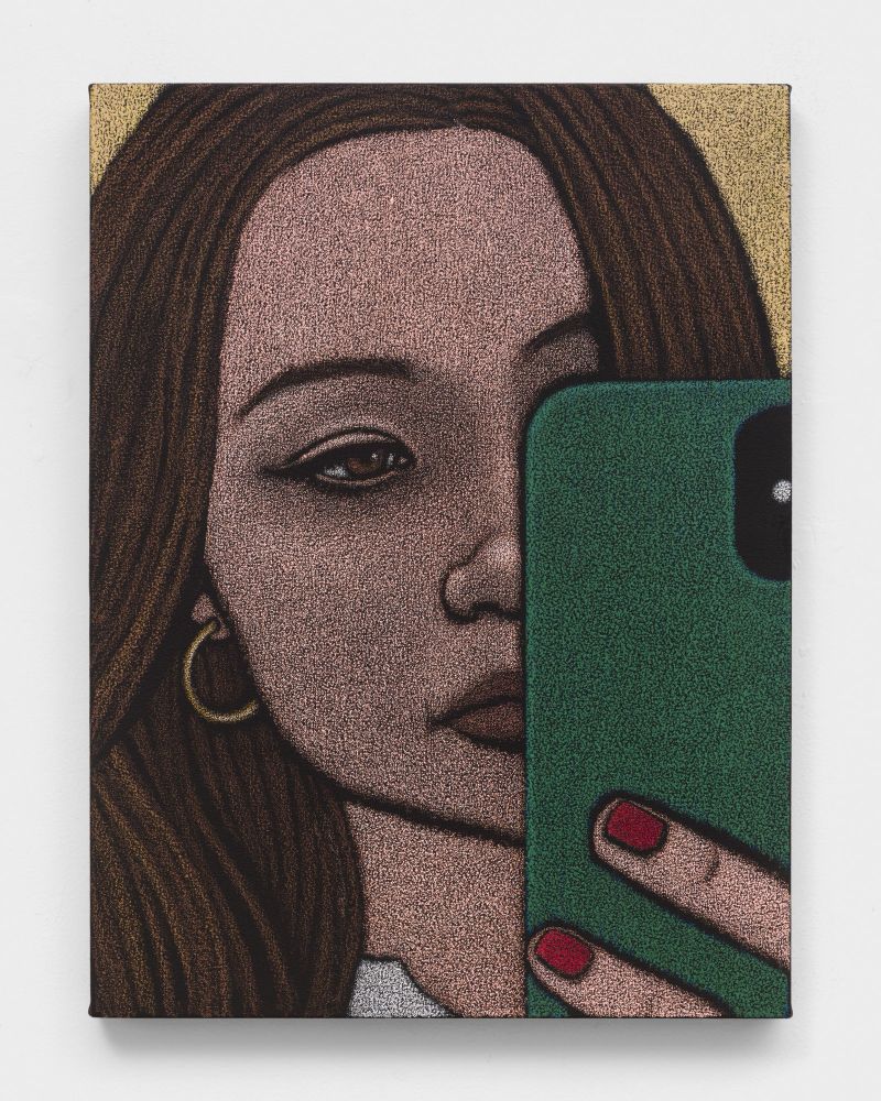 Painting of Close up of girl’s face staring into mobile phone