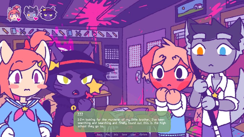 Brownie, Coco, Olive and Sparky stand in a dark classroom full of slaughtered dogs. Coco says "I-I'm looking for the murderer of my little brother. I've been searching and searching and finally found out this is the high school they go to."