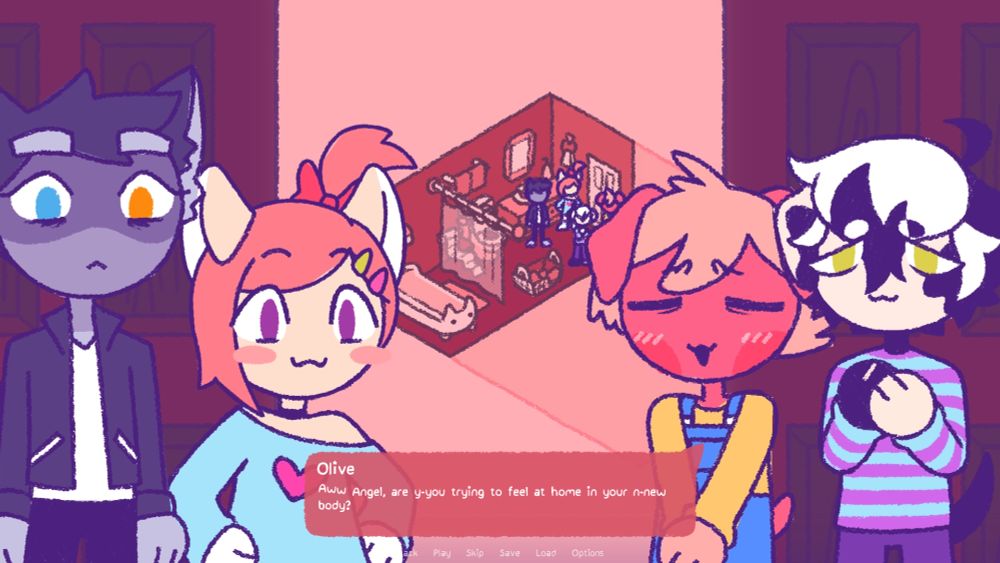 Olive finds a bunch of fur products in the bathroom. They say "Aww Angel, are y-you trying to feel at home in your n-new body?"