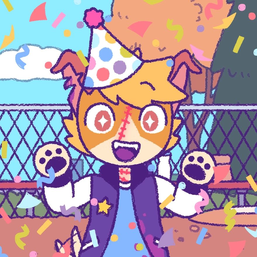 Rover in a party hat surrounded by confetti!
