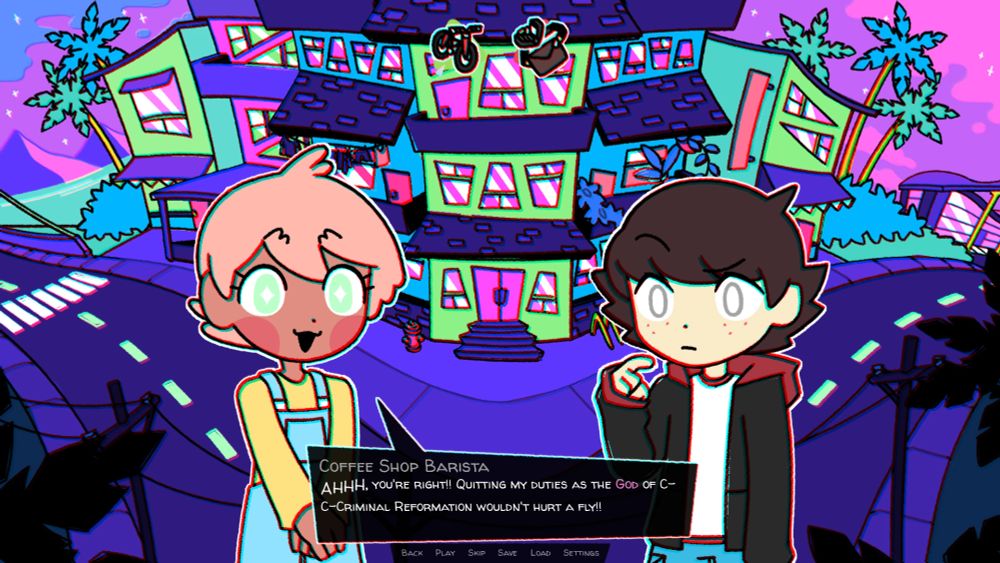 Peter speaks to a coffee shop barista with green eyes of a suspicious shade. They say "AHHHH, you're right!! Quitting my duties as the God of C-C-Criminal Reformation wouldn't hurt a fly!!"