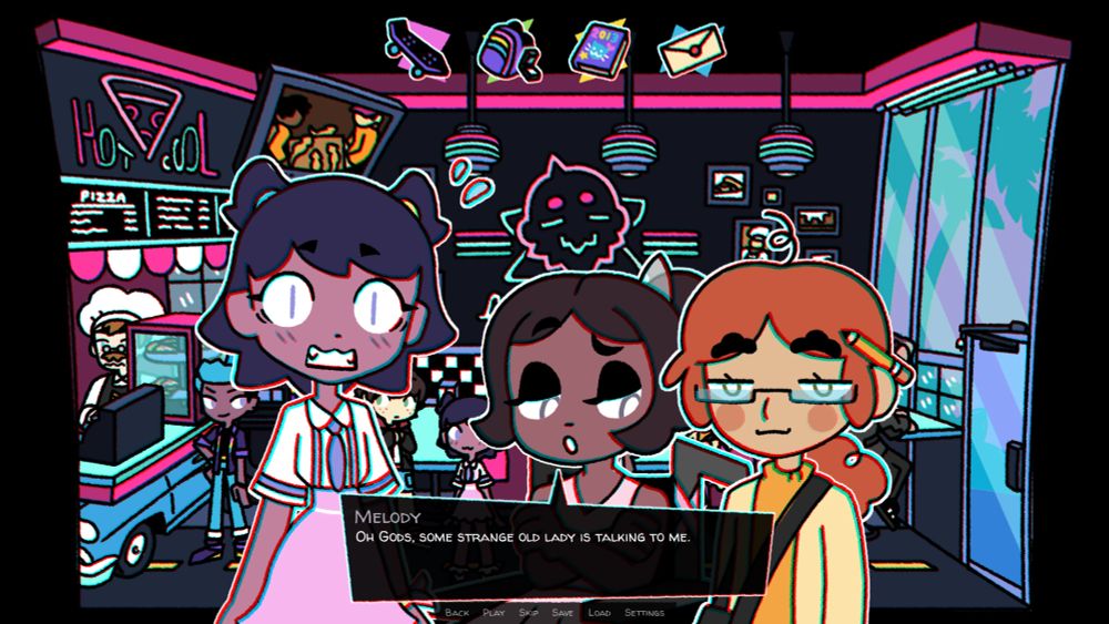 Mini runs into Melody and Wanda at Lil Greaser's. Melody says "Oh Gods, some strange old lady is talking to me."