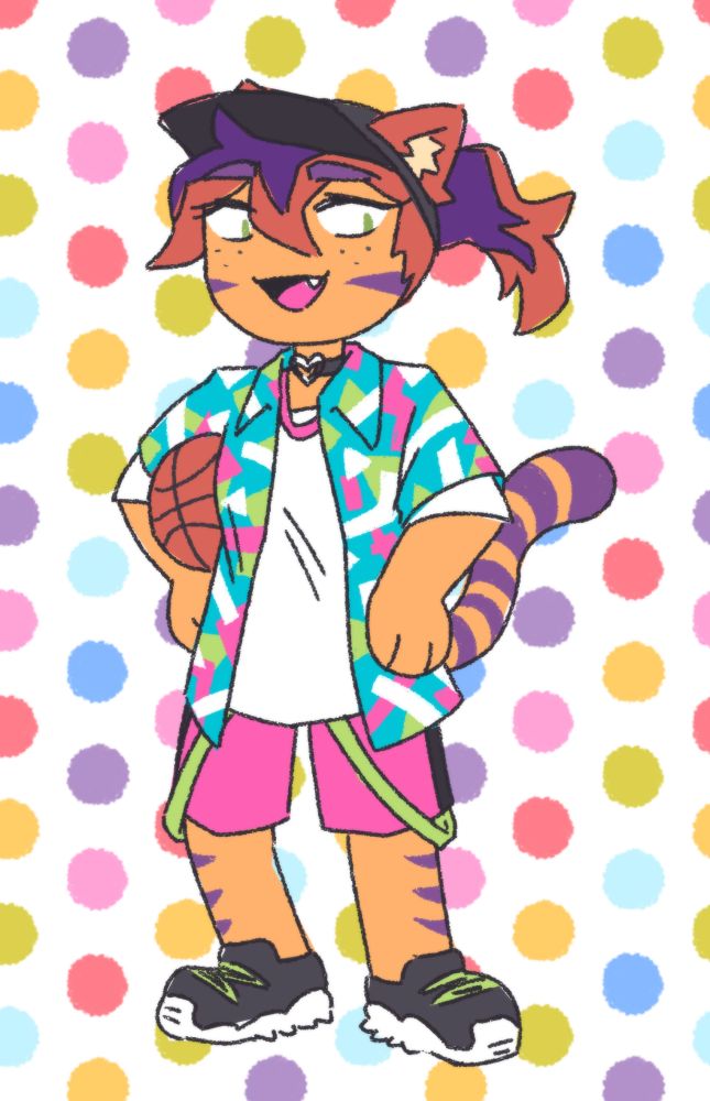 Tigger is dressed in a black sporty cap, colorful 90's print jacket, white t-shirt, pink shorts with green straps and black sporty sneakers with green laces. She's holding a basketball.
