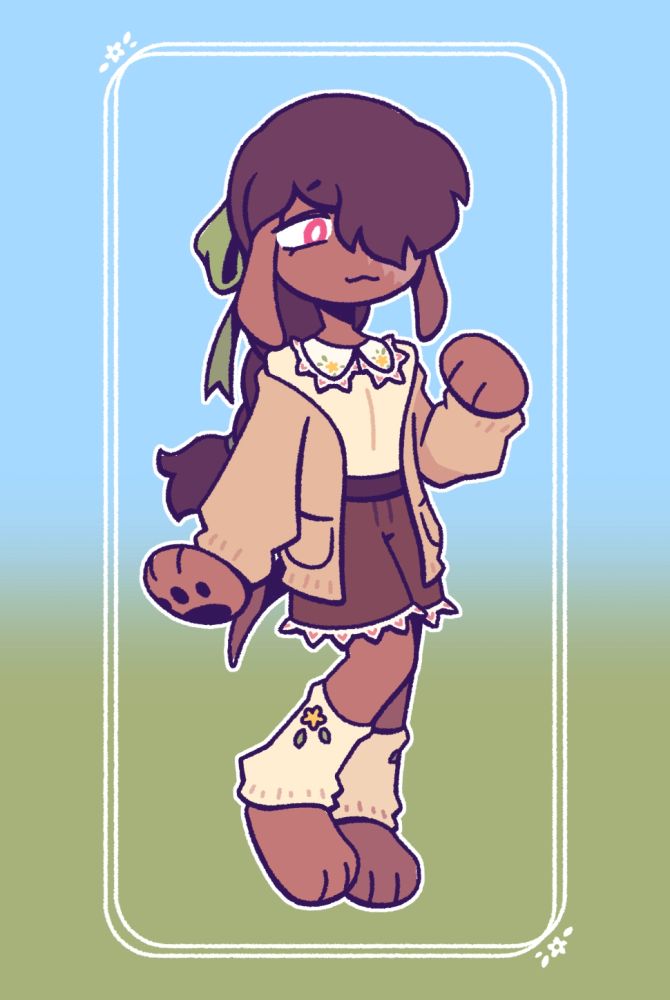 Some references for Artfight. Ginger is wearing a tan cardigan over a beige collared shirt, brown shorts, and beige legwarmers. Her clothes are embroidered with little flowers and hearts.