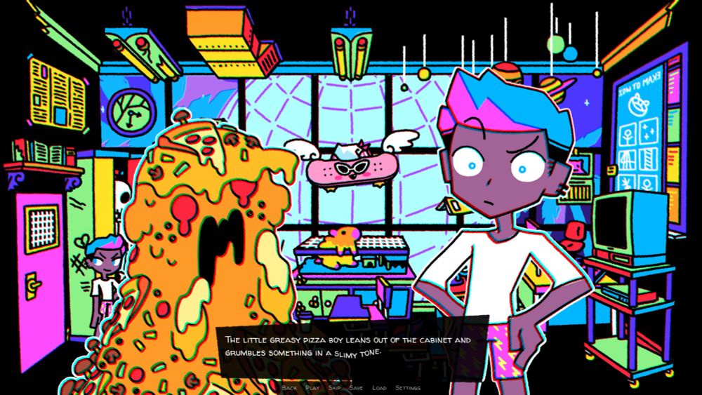 On the other side of the room is a cheese monster. The narration reads "The little greasy pizza boy leans out of the cabinet and grumbles something in a slimy tone."
