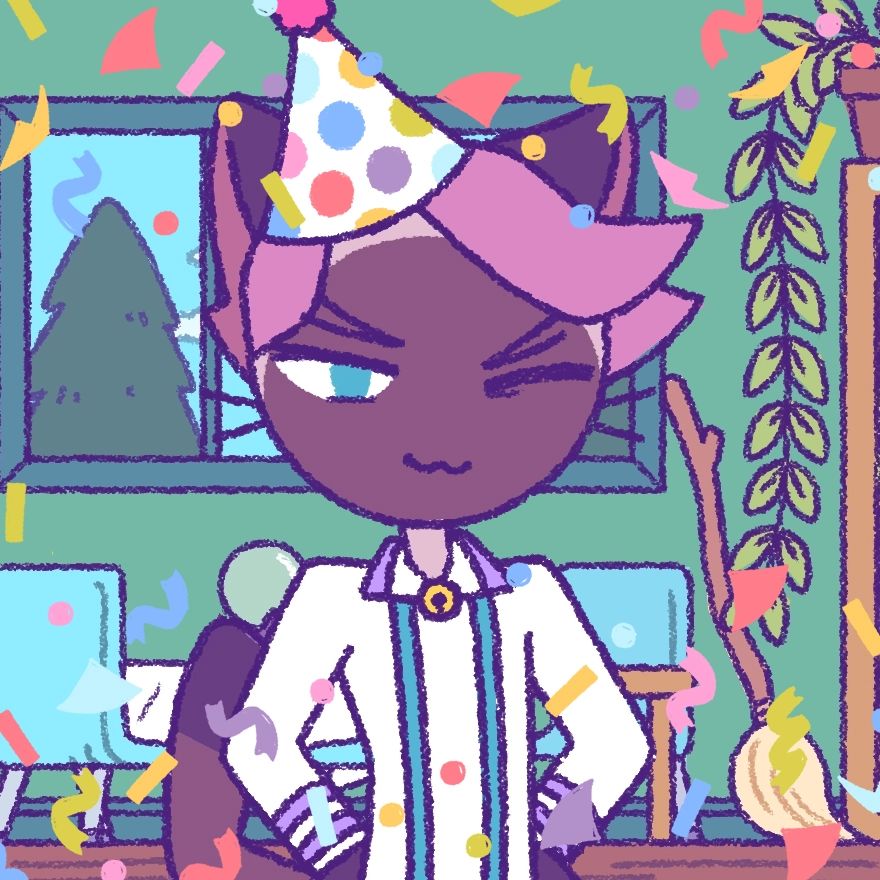 Whiskers in a party hat surrounded by confetti!