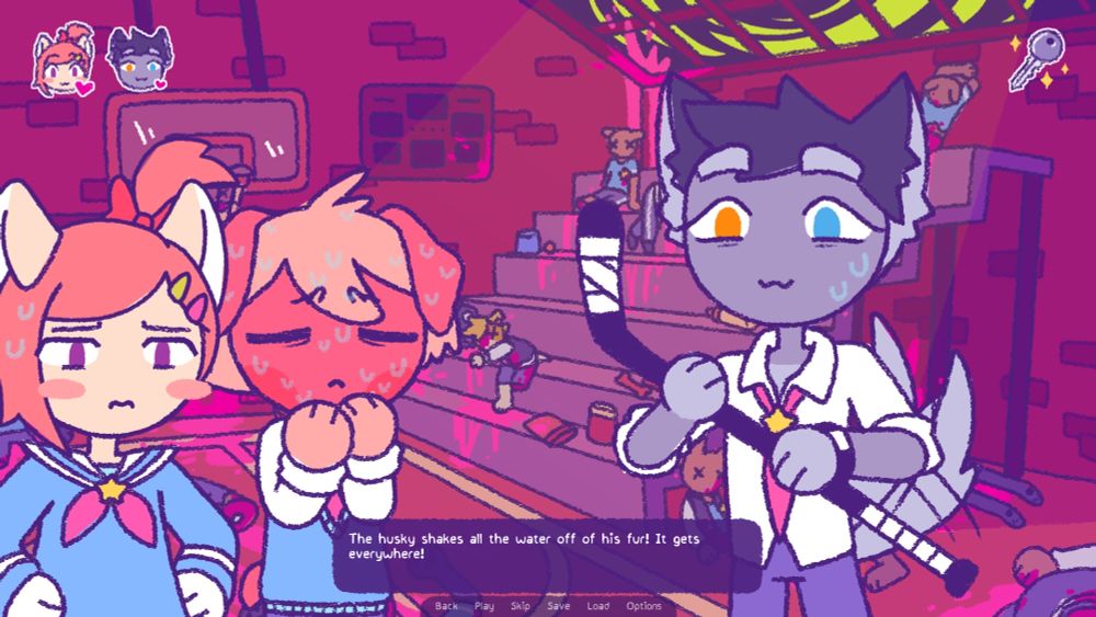 Brownie, Olive and Sparky stand in a dark gym full of slaughtered dogs. The dialogue reads "The husky shakes all the water off of his fur! It gets everywhere!" Olive and Brownie are in the splash zone.