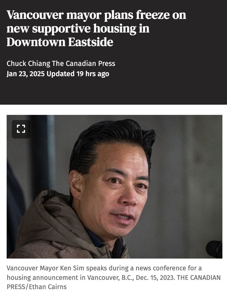 Headline from Canadian Press reading: Vancouver mayor plans freeze on new supportive housing in Downtown Eastside. By Chuck Chiang, published on Jan 23, 2025. 