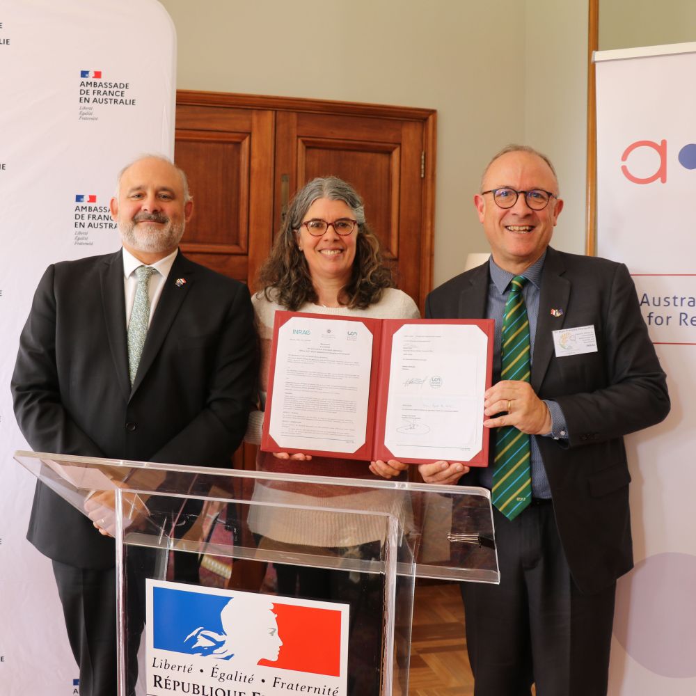 (L-R) HE Pierre-André Imbert, Ambassador of France, Associate Professor Karine Chenu and Dr Jean-François Hocquette, Research Director and Scientific Officer, International Relationships for Australia and New Zealand (INRAE). Image: French Embassy in Australia