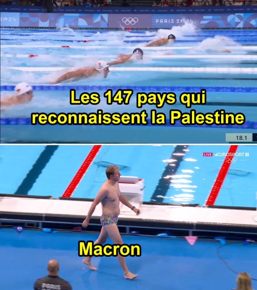Montage en 2 images 
Image 1 : dans une  piscine olympique, des hommes nagent la finale du papillon (texte : les 147 pays qui reconnaissent la Palestine)
Image 2 : un homme un peu bedonnant marche tranquillement vers la ligne de départ (texte : Macron)