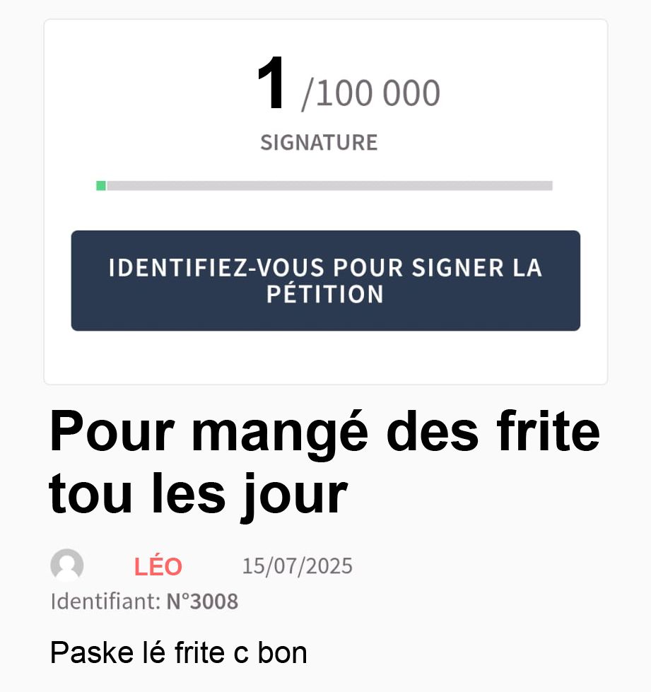 Parodie de pétition de l'Assemblée nationale qui a récolté une signature.
Le nom de la pétition est "Pour mangé des frite tou les jour", l'auteur est "Léo" et le texte de la pétition est "Paske lé frite c bon"