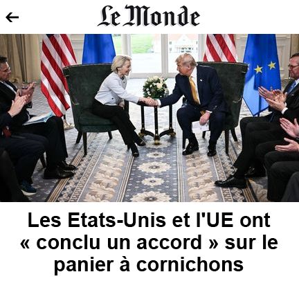 Faux article du journal Le Monde titré : "Les Etats-Unis et l'UE ont conclu un accord sur le panier à cornichons"