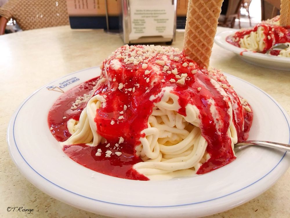 A bowl of spaghetti ice cream. Yes, that’s a thing!