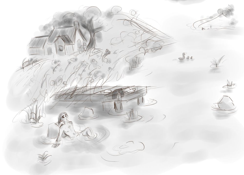 Viktor leans back and relaxes further into the water, resting against a boulder. Behind him, the stream continues on beyond two hills. On one of those hills is a cottage.

A dock is also close by, with a pile of discarded clothes on it.