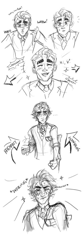 Jayce leans against the lab door and takes a moment to catch his breath after running in late (like OP to this bottom jayce week prompt). He suddenly notices Viktor standing in front of him, and gives him one of his most radiant, brightest smiles in greeting.

Viktor, holding a mug of coffee with Jayce's face (and a faintly obscured label of "Hole of Progress") on it, braces himself as the radiance and pure light shining from Jayce's greeting-for-Viktor-exclusive smile crash into him hard.