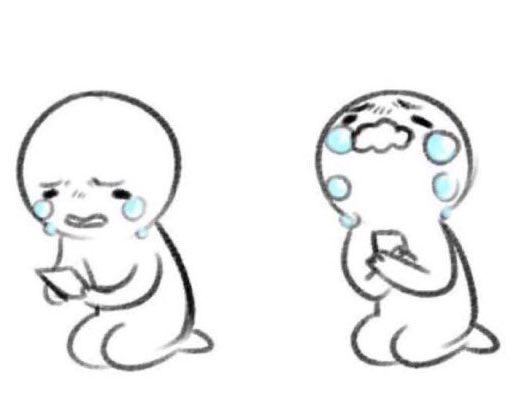 Meme cartoon little guy looking at their phone and crying. And then holding their phone to their chest and crying some more.