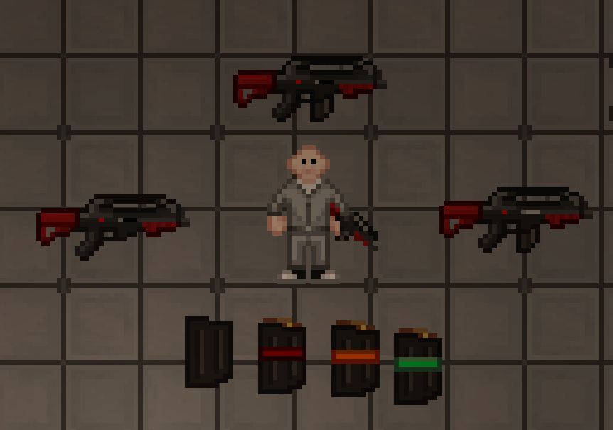 An image of various Space Station 14 sprites in the shape of a rifle known as a Lecter. The rifle features red-colored elements, making it distinct from its previous appearance.