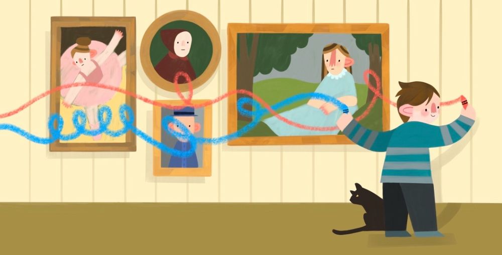 Illustration of little boy drawing with crayon over the walls of a gallery including over the artwork. There is a black cat behind his leg.
