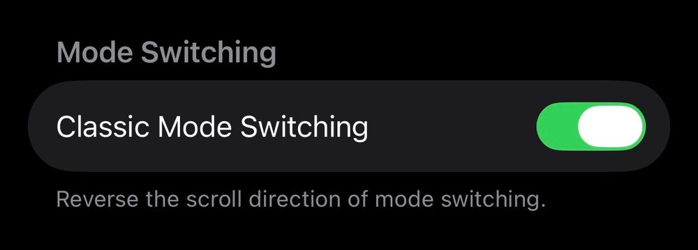 Classic Mode Switching toggle for iOS 26 camera app.