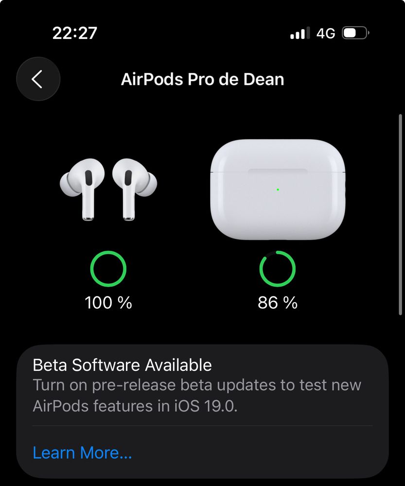 Beta software update for AirPods mentioning iOS 19 instead of 26