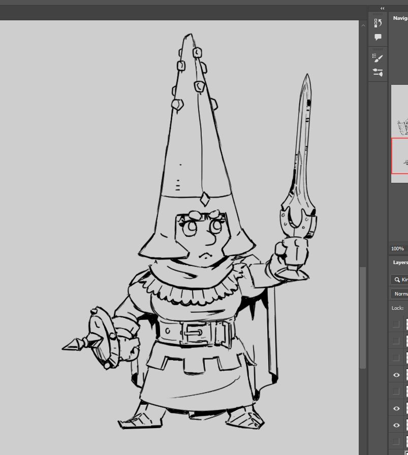Sketch showing a young female gnome with a cape and a pointy iron cap. She is wielding a buckler and a short sword, which she holds raised.