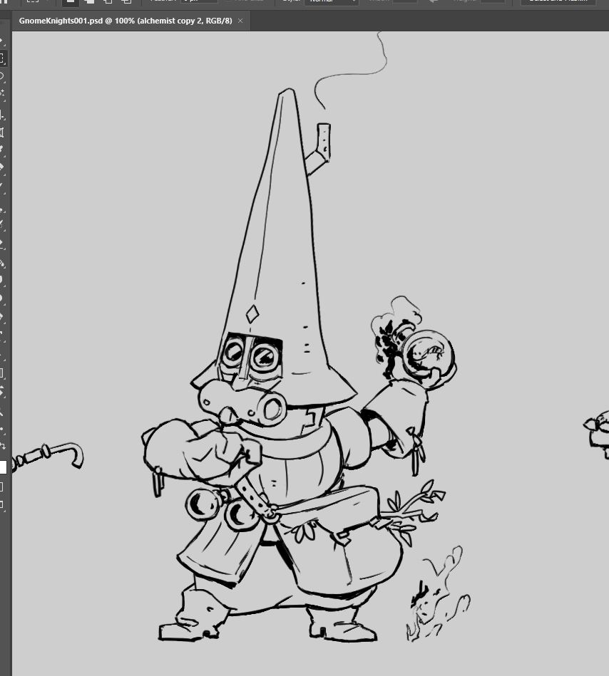 Sketch showing an alchemist gnome in armor with a breathing mask built into their pointy iron cap. They are holding an oozing round glass, preparing to throw it. Along their side they have a shoulder bag, heavy with different herbs and reagents.