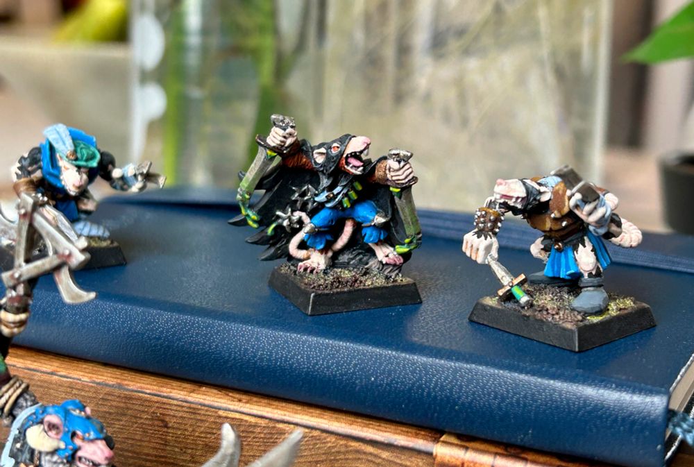 A close up of the warband's Assassin Adept, with poisoned Weeping Blades. He is flanked by his black-furred Skaven fighting claws.