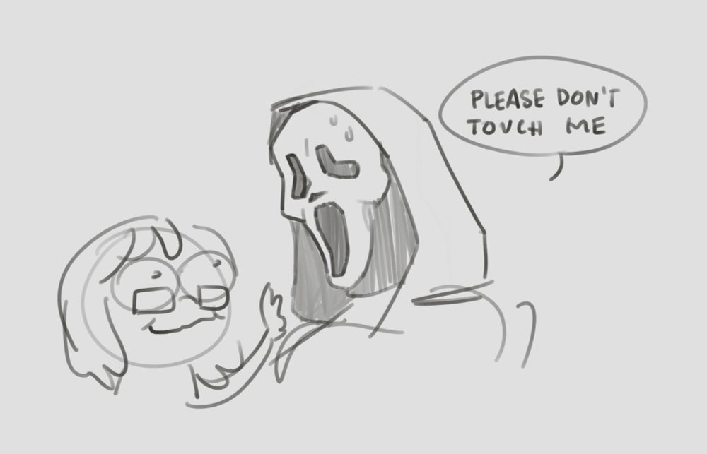 soft is drawn as a goofy little guy holding a hand out to ghostface. ghostface is sweating and says "please don't touch me"