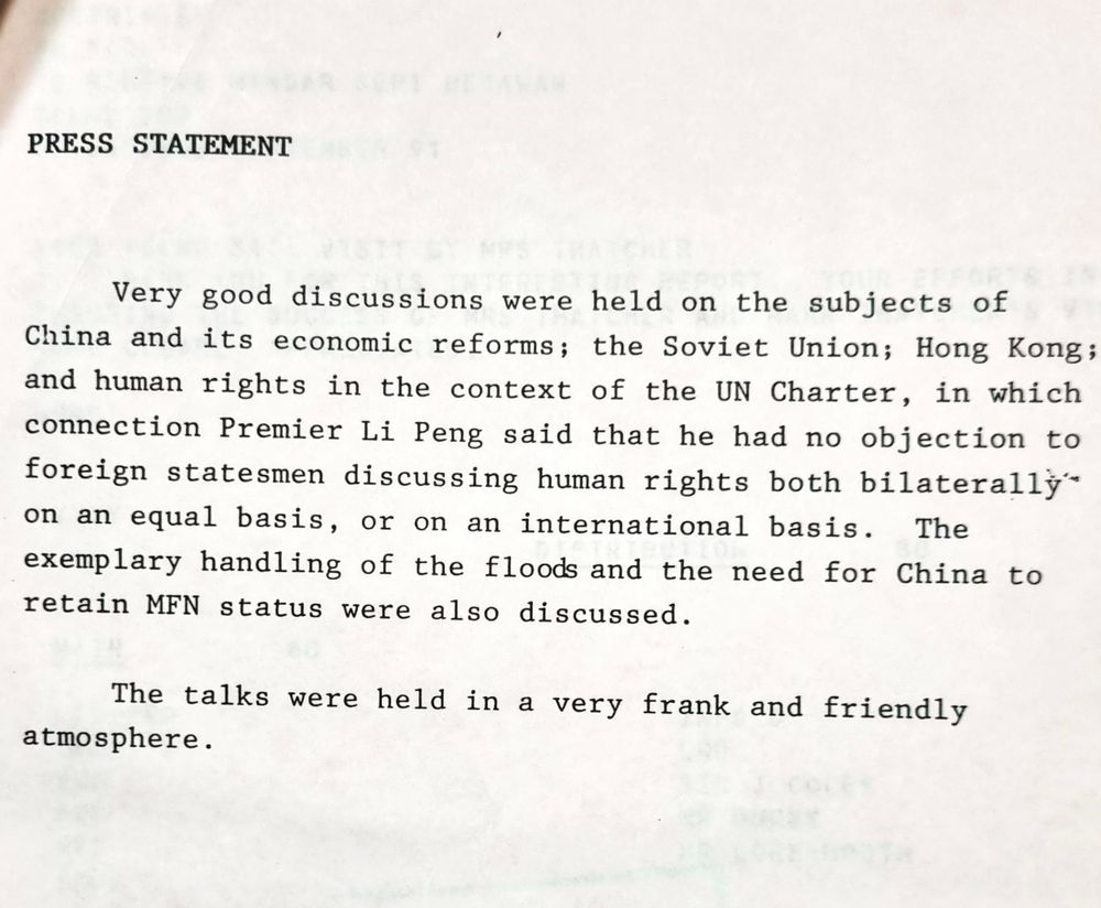 A screenshot of a press statement about Margaret Thatcher's meeting with Li Peng in 1991.