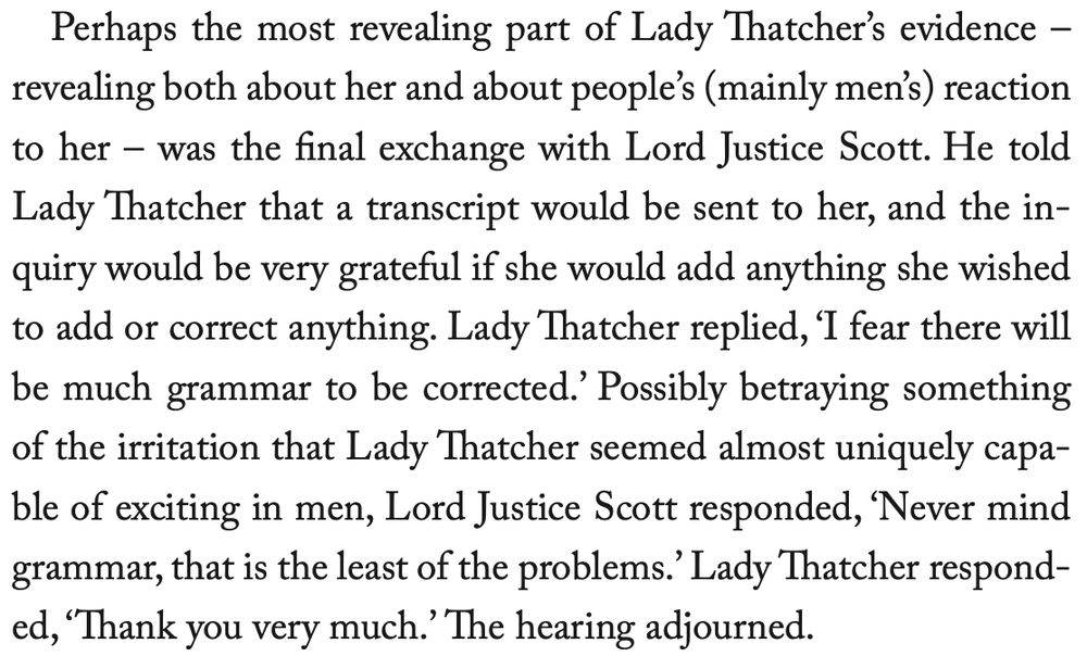 Extract from 'Margaret Thatcher: Life After Downing Street' by Peter Just on Margaret Thatcher's evidence to the 'Arms for Iraq' inquiry on 8 December 1993.