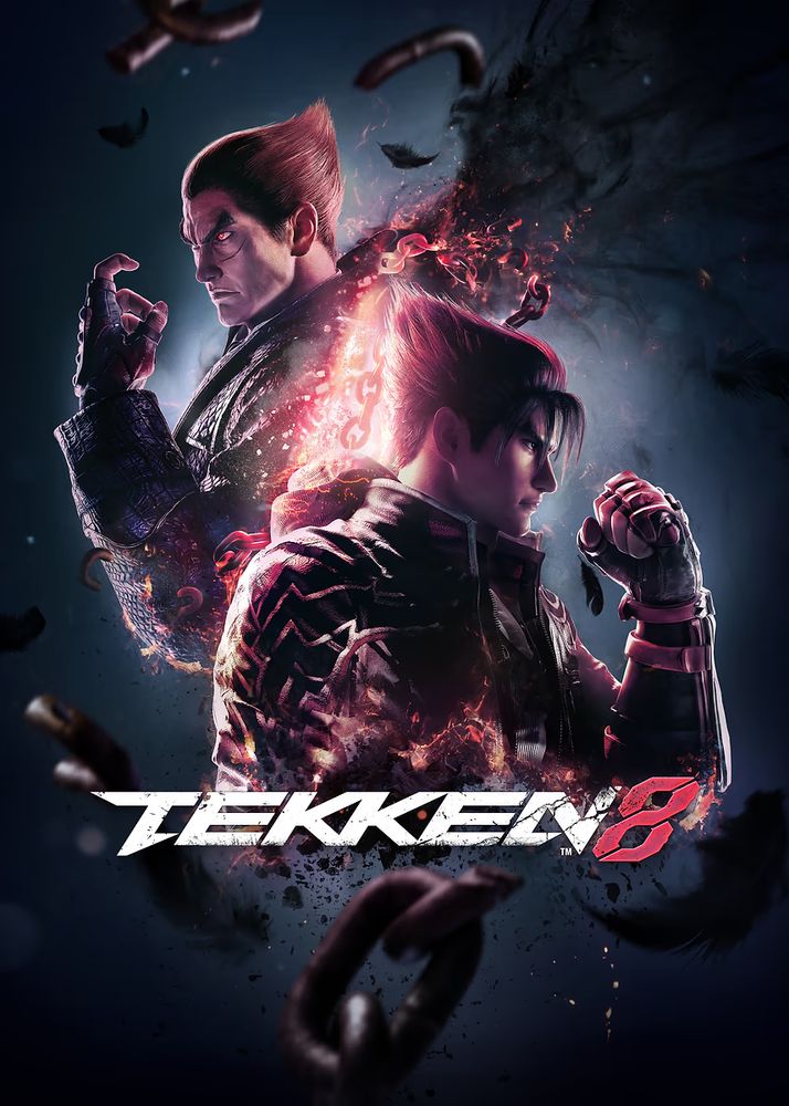 Capa do jogo Tekken 8, lançado para múltiplas plataformas em 2024. Temos um fundo azul escuro de background, adornado com fragmentos de correntes que flutuam espaçadamente. No centro da imagem temos dois dos personagens centrais da série: Kazuya Mishima na esquerda e Jin Kazama na direita, respectivamente, pai e filho. Kazuya é um homem japonês de meia idade de cabelos pretos e lisos com um topete estilizado para trás. Ele ergue seu punho esquerdo para cima. Usa um casaco da cor preta e luvas da mesma cor. Jin é um jovem adulto japonês com cabelos similar ao do pai, incluindo o corte. Ele também ergue sua mão esquerda para cima e também usa um casaco da cor preta com luvas da mesma cor.