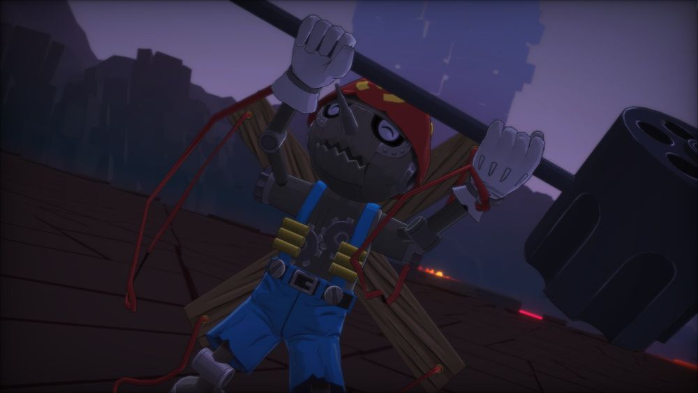 Imagem do jogo Digimon Story Time Stranger. Nela, temos um Digimon chamado Pinochimon (Tipo Vírus, nível Ultimate). Pinochimon é um boneco de madeira similar à uma criança, com macacão curto azul e um gorro vermelho. Ele tem uma cruz de madeira nas costas, luvas brancas e carrega um martelo gigante com um estojo de munição na ponta, de onde ele atira balas com seu ataque especial, chamado Bullet Hammer. Pinochimon na imagem está feliz, com uma expressão adorável e serena, empunhando seu martelo pra cima.