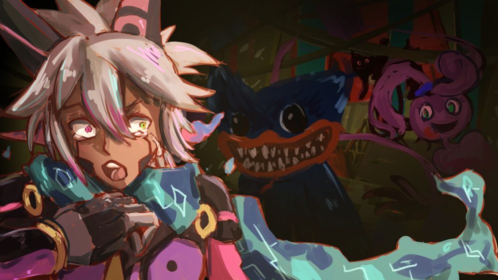 CyYu running away from antagonists/ toy monsters from Poppy's Playtime