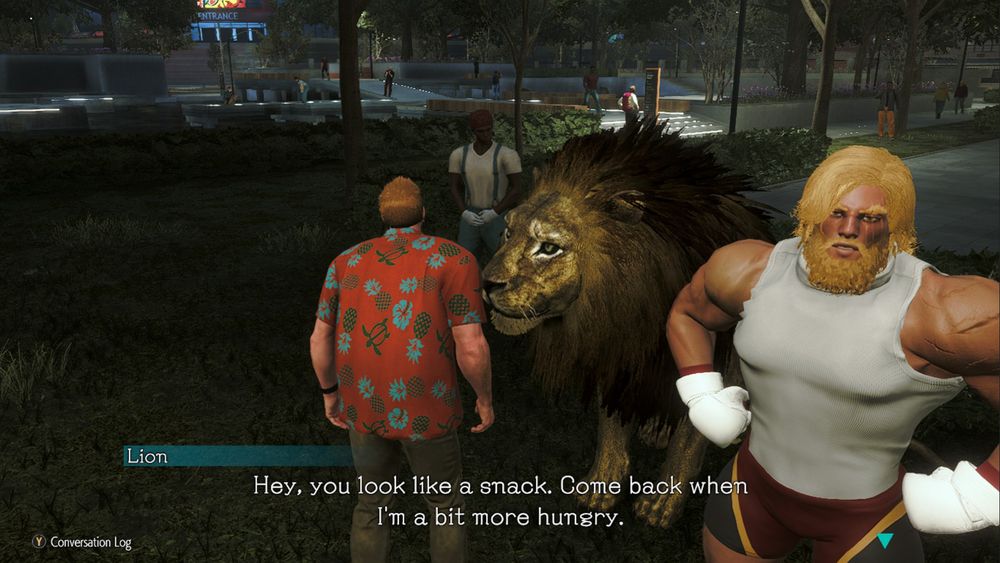 Street Fighter 6 screenshot with the player in a Hawaiian shirt talking to a lion. The lion says "Hey, you look like a snack. Come back when I'm a bit more hungry."