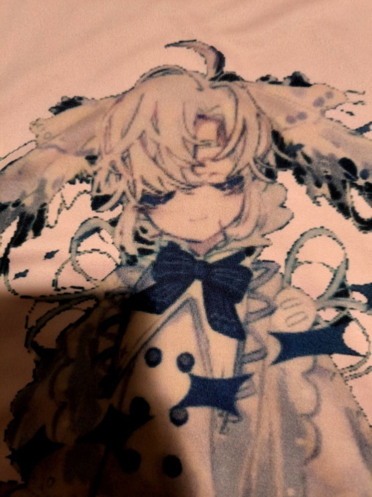 A close up of the shirt, showing the jaggy pixels and generally blurry quality of the print more clearly.