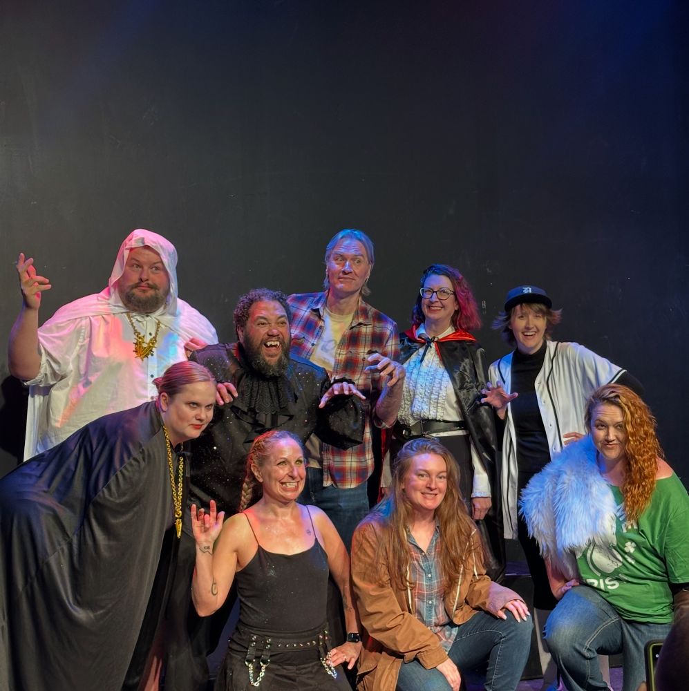 Cast of Vilification Tennis posing for a picture at the end of their show at Strike Theater