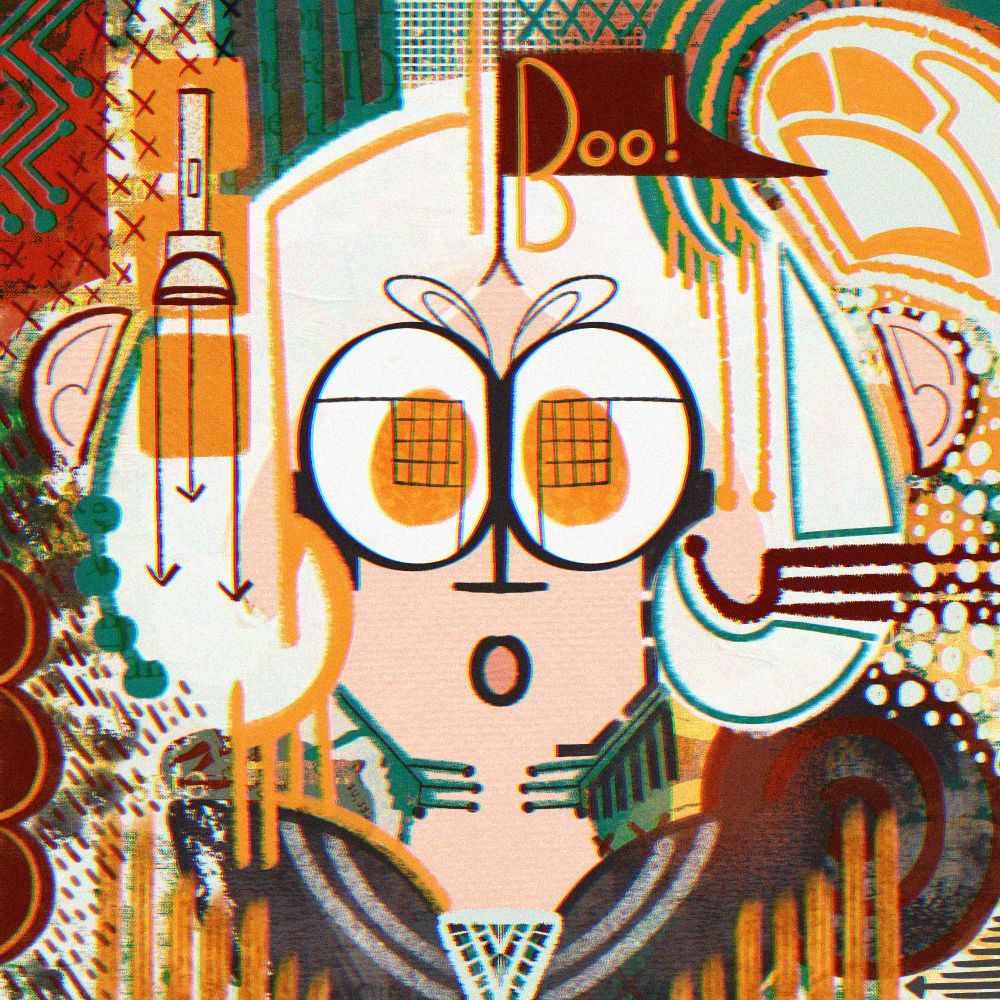 A symmetrical abstract digital drawing of a white-haired girl from the shoulders up.