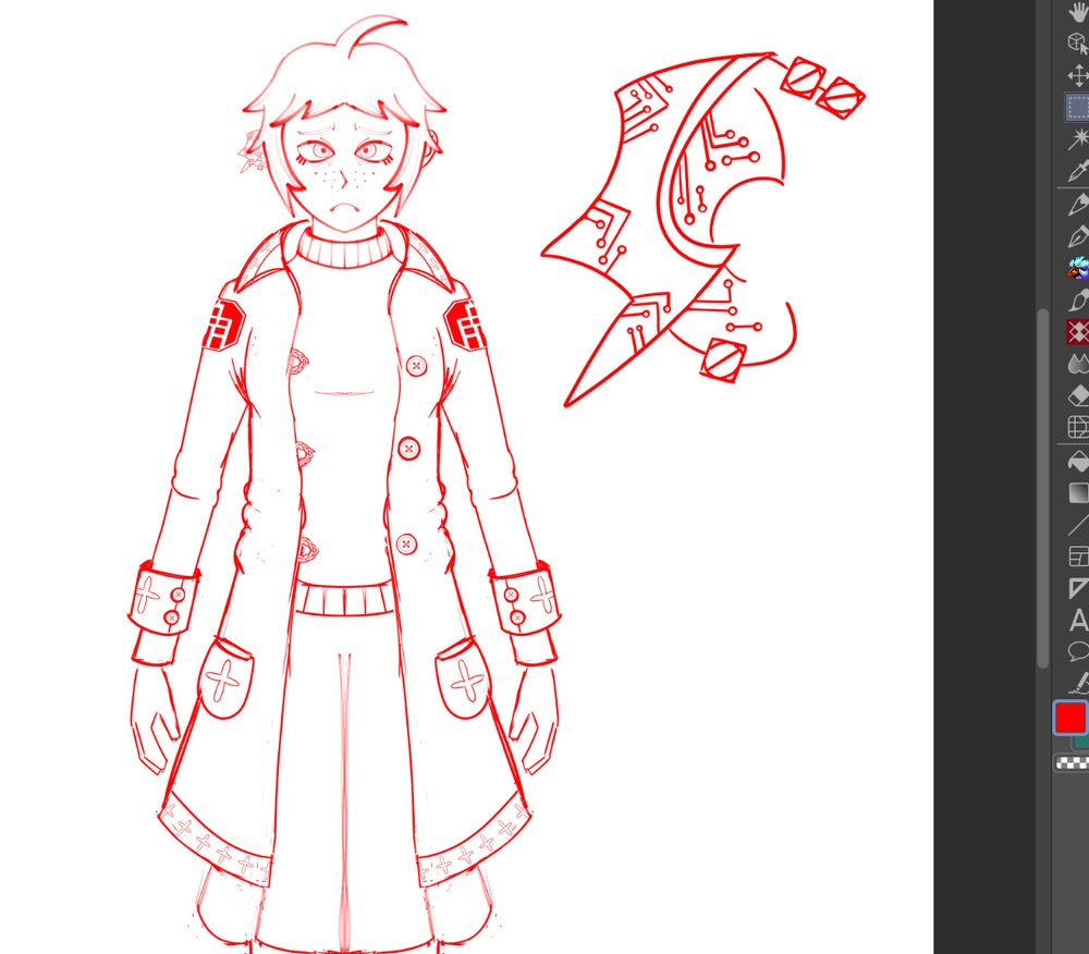 A screenshot from Clip Studio Paint featuring a work-in-progress character reference image of a young bookish-looking girl.