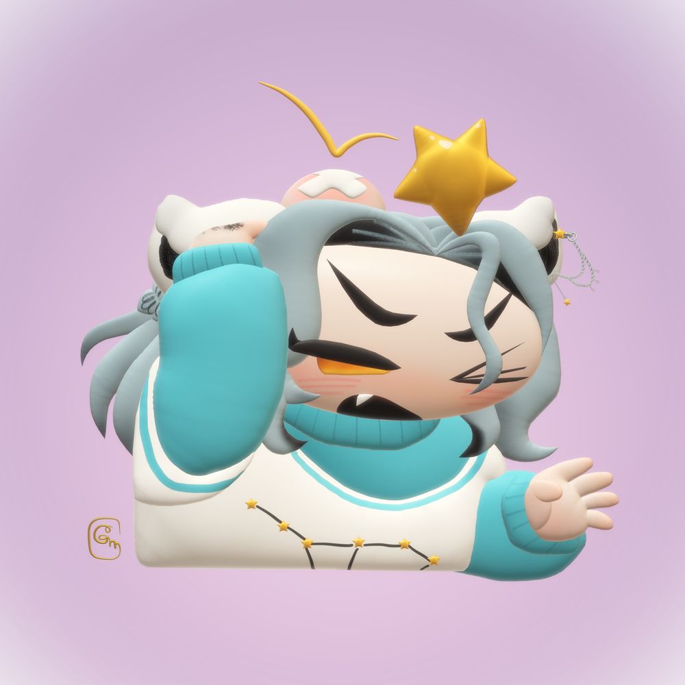 A stylized digital portrait from the bust up of a girl with polar bear ears. She's getting bonked on the head with a star (comically). 