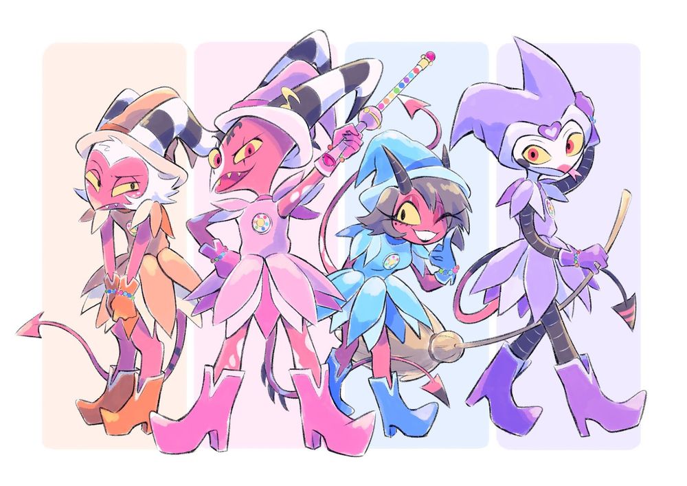 Moxxie, Blitzo, Millie and Fizz dressed as characters from Ojamajo Doremi.