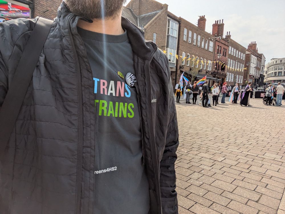 Mike's T-shirt - "pro trans, pro trains"