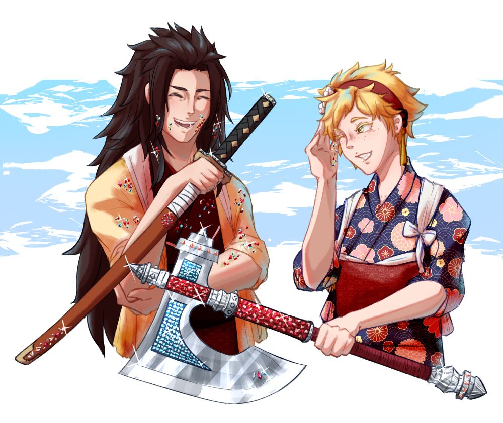 fanart of Ryoma and Scarlet from FE14 made for FE Scuffle 2025. The two are laughing and holding weapons decorated with gems. Ryoma has some gems stuck to his clothes, hair, and face.
